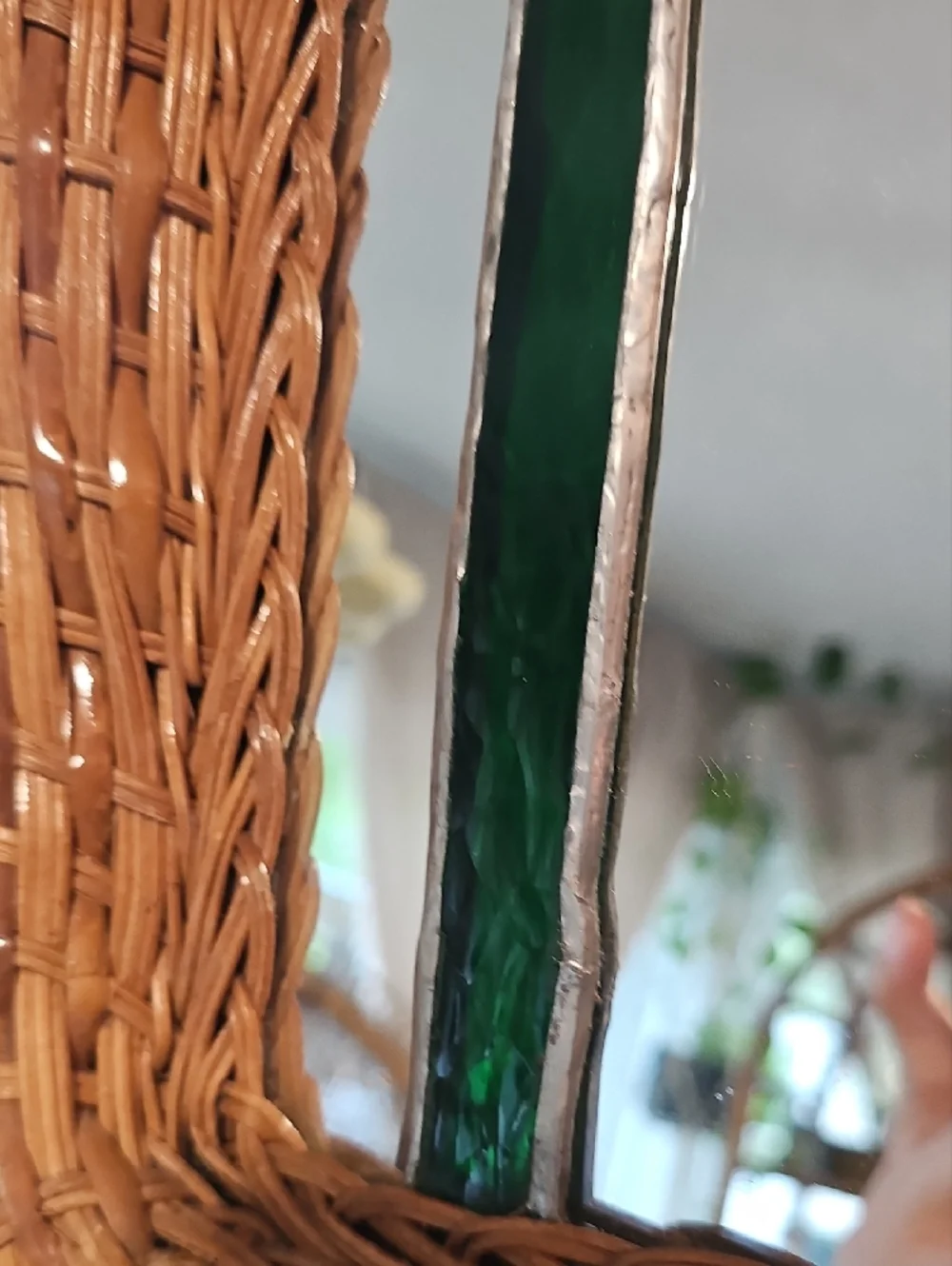 Woven Rattan Framed Mirror with Green Stained Glass Accent16